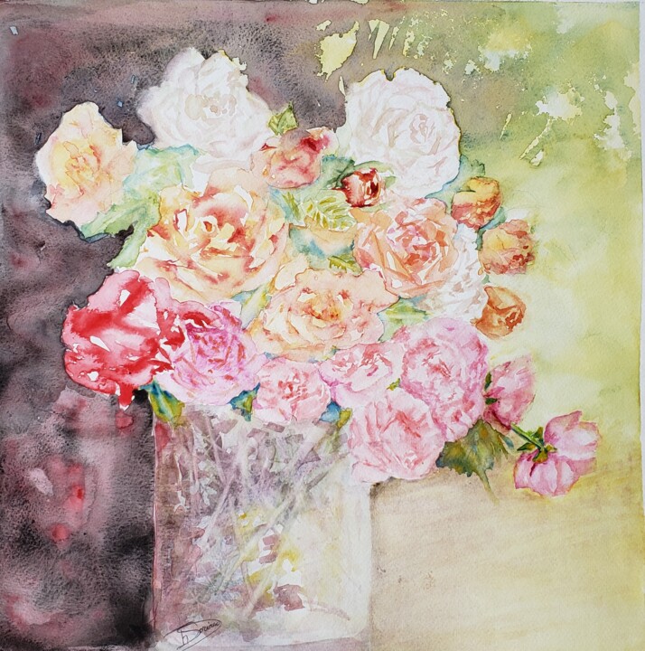 Malarstwo zatytułowany „Bouquet de roses” autorstwa Thérèse Soriano, Oryginalna praca, Akwarela