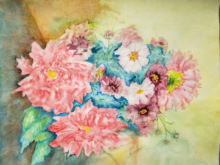 Peinture intitulée "Rose dahlias" par Thérèse Soriano, Œuvre d'art originale, Aquarelle