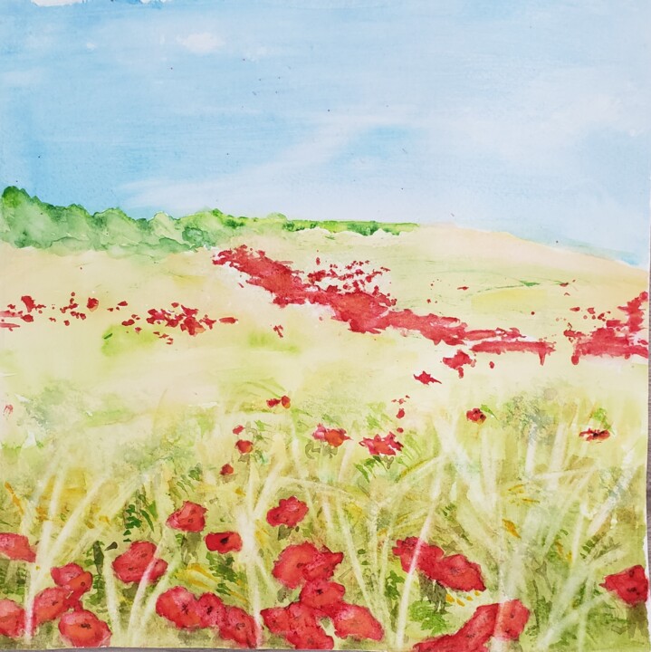 Painting titled "champ de coquelicots" by Thérèse Soriano, Original Artwork, Watercolor