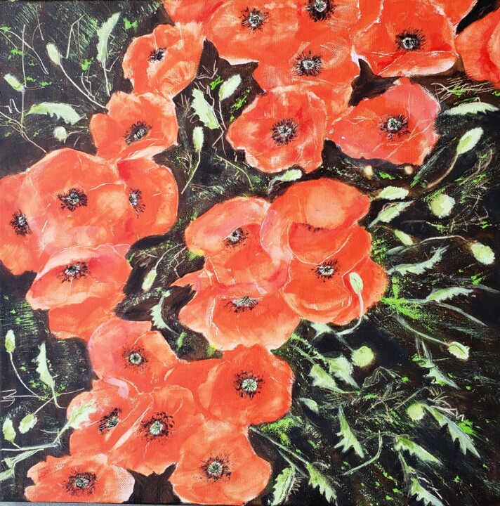 Painting titled "Coquelicots  7" by Thérèse Soriano, Original Artwork, Acrylic Mounted on Wood Stretcher frame