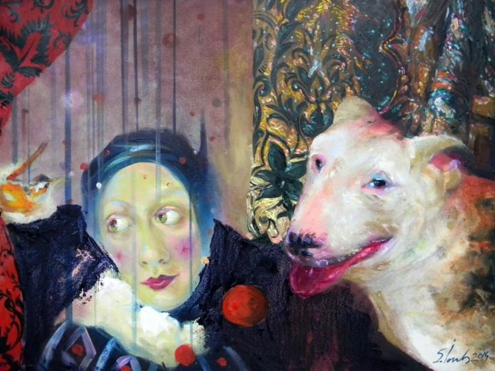 Schilderij getiteld "The Dog and the Liar" door Sorin Iosub, Origineel Kunstwerk, Olie