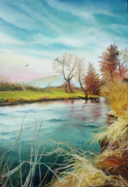 Painting titled "Shore of the River" by Sorinapostolescu, Original Artwork, Oil