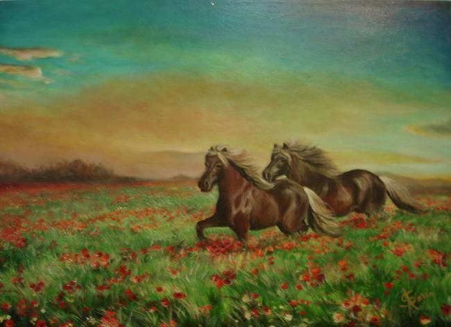 Painting titled "Horses in the field…" by Sorinapostolescu, Original Artwork, Oil