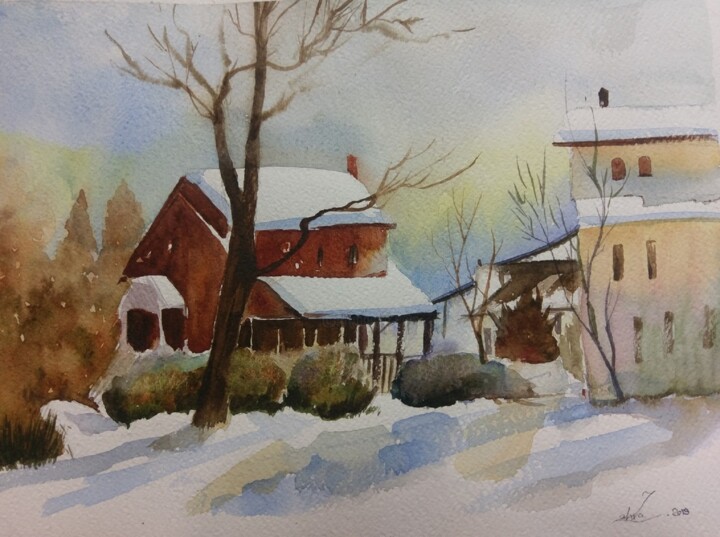 Pintura intitulada "Winter in Village" por Sosar, Obras de arte originais, Aquarela