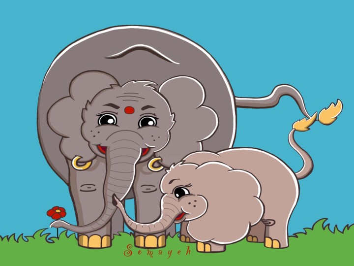 Digital Arts titled "Elephants Family pi…" by Sosar, Original Artwork, Digital Painting