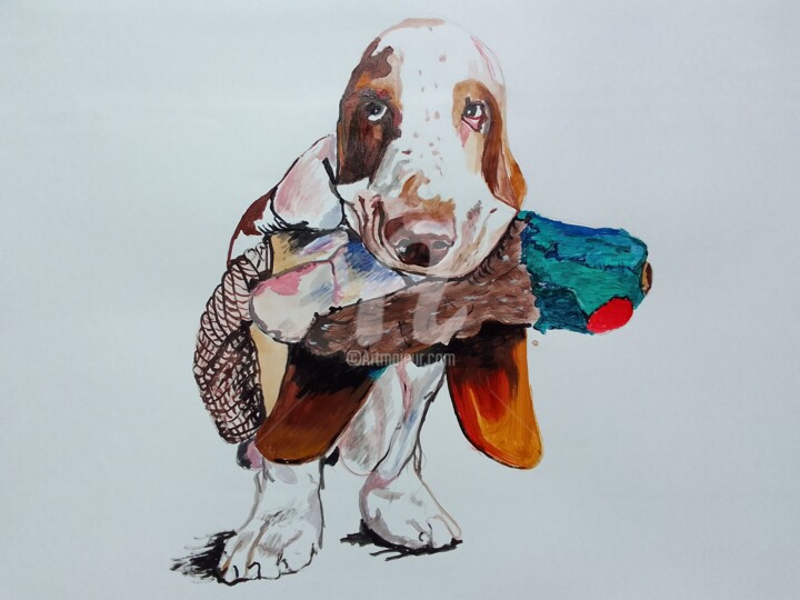 Картина под названием "Bassethound dog" - Sosokumsiashvili, Подлинное произведение искусства, Акрил