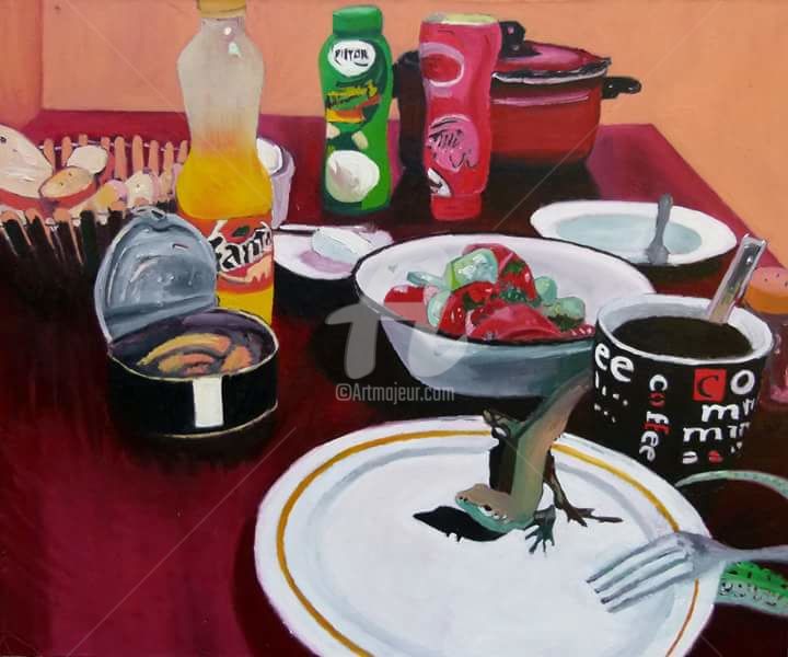 Painting titled "lizard" by Sosokumsiashvili, Original Artwork, Oil