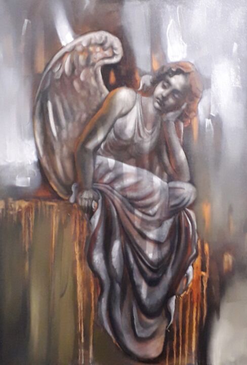 Painting titled "L'ange songeur" by Philippe Sottile, Original Artwork, Oil