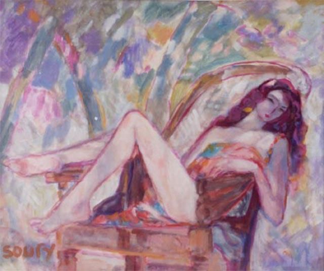 Painting titled "Femme assoupie" by Hassen Soufy, Original Artwork, Oil
