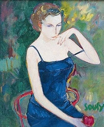 Painting titled "Femme à la pomme" by Hassen Soufy, Original Artwork, Oil