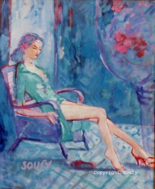 Peinture intitulée "Femme dechaussee" par Hassen Soufy, Œuvre d'art originale, Huile