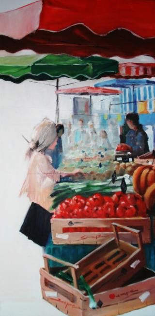 Painting titled "Scène de marché" by Bernard Soupre, Original Artwork, Oil