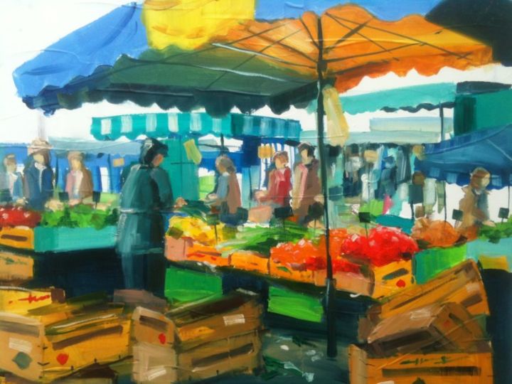 Painting titled "Jour de Marché" by Bernard Soupre, Original Artwork, Oil