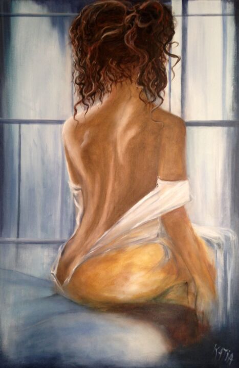 Painting titled "L’attente" by Katia, Original Artwork, Oil Mounted on Wood Stretcher frame
