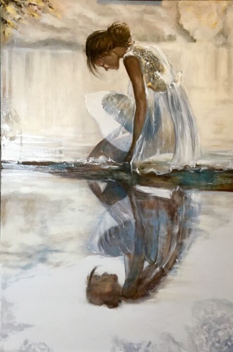 Painting titled "A fleur d’eau" by Katia, Original Artwork, Oil Mounted on Wood Stretcher frame