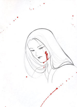 Tekening getiteld "Pencil and Red Paint" door Sony Yanagawa, Origineel Kunstwerk