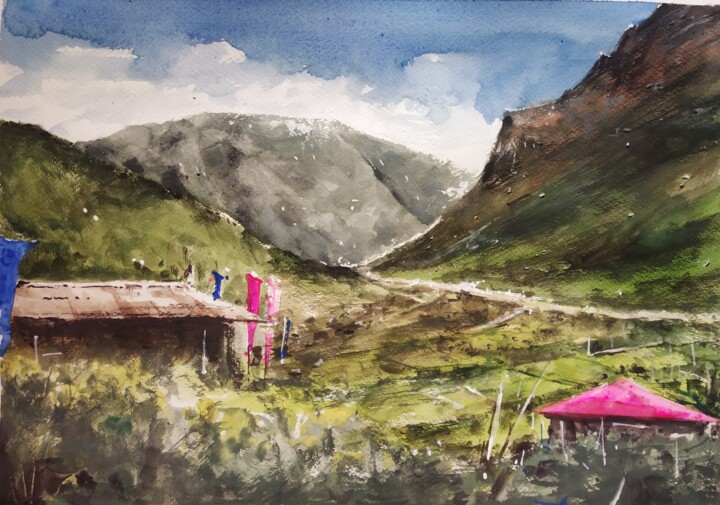 Painting titled "Landscape" by Soyli Saha, Original Artwork, Watercolor