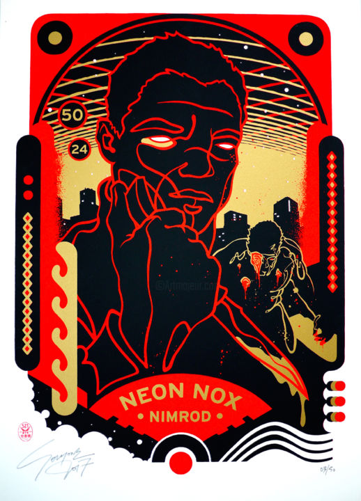 Druckgrafik mit dem Titel "Neon Nox" von Sozyone, Original-Kunstwerk, Siebdruck
