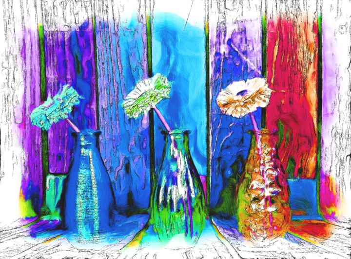 Digital Arts titled "three-bottled-flowe…" by Joshua Bindseil, Original Art, Digital Painting