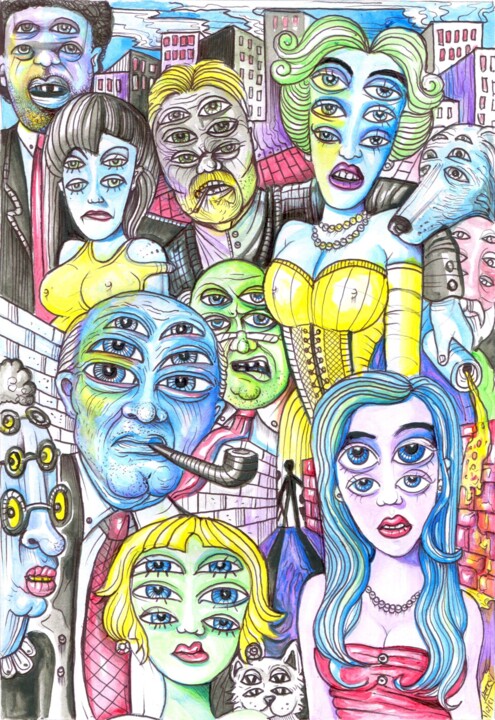 Drawing titled "THE WATCHERS" by Spencer Derry, Original Artwork, Ballpoint pen