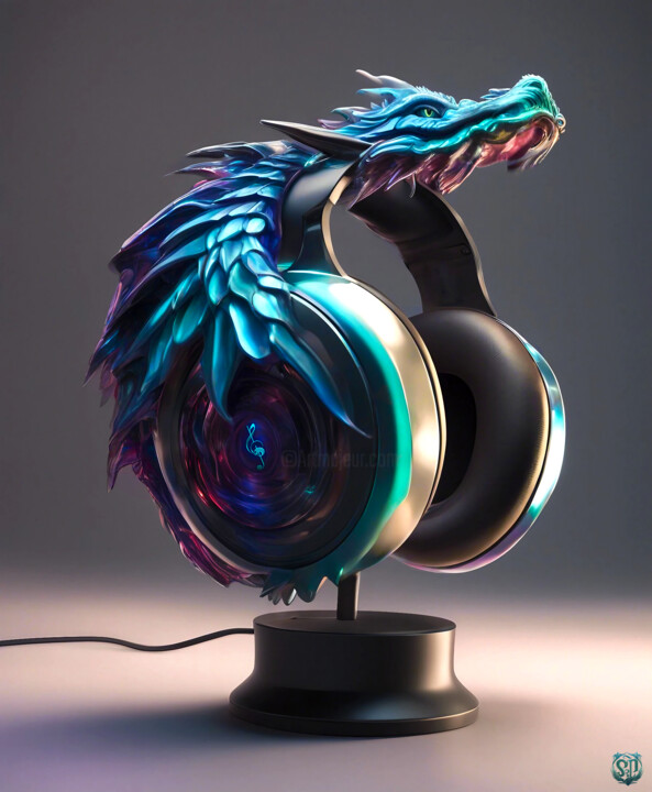Arts numériques intitulée "Dragon Headphones" par Spik3, Œuvre d'art originale, Peinture numérique