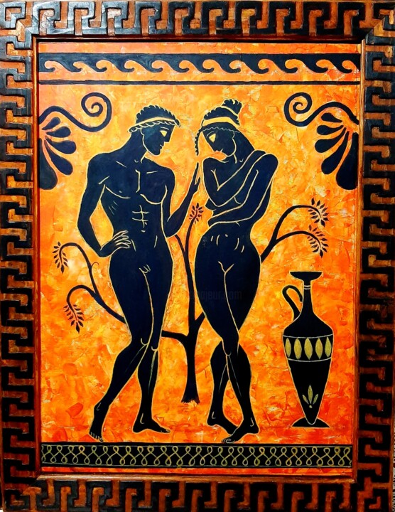 Painting titled "Ancient lovers" by Spiros Gremo, Original Artwork, Acrylic Mounted on Wood Stretcher frame