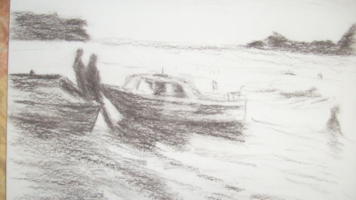 Drawing titled "un bateau dans la m…" by Ika, Original Artwork, Charcoal