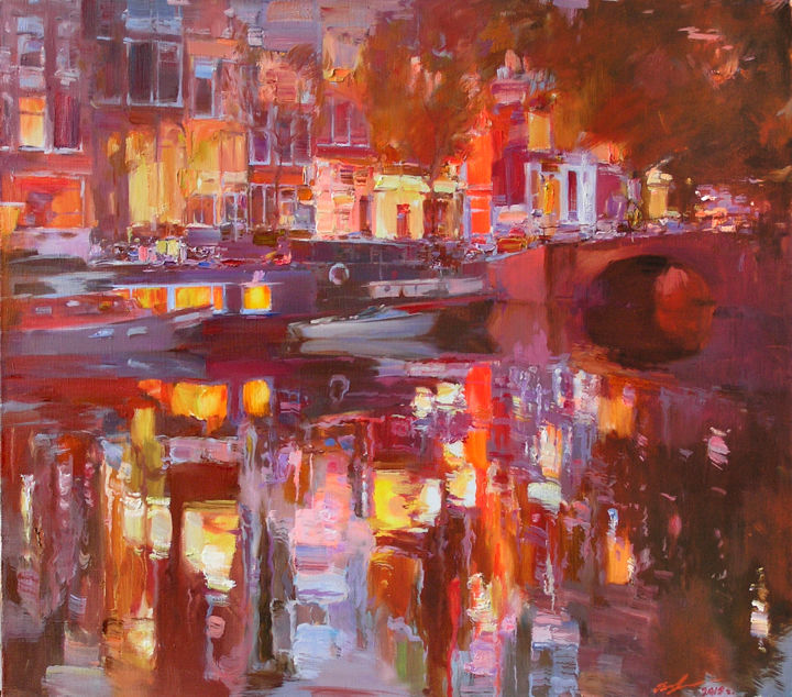 Malerei mit dem Titel "Evening Amsterdam" von Sergii Poliakov, Original-Kunstwerk, Öl