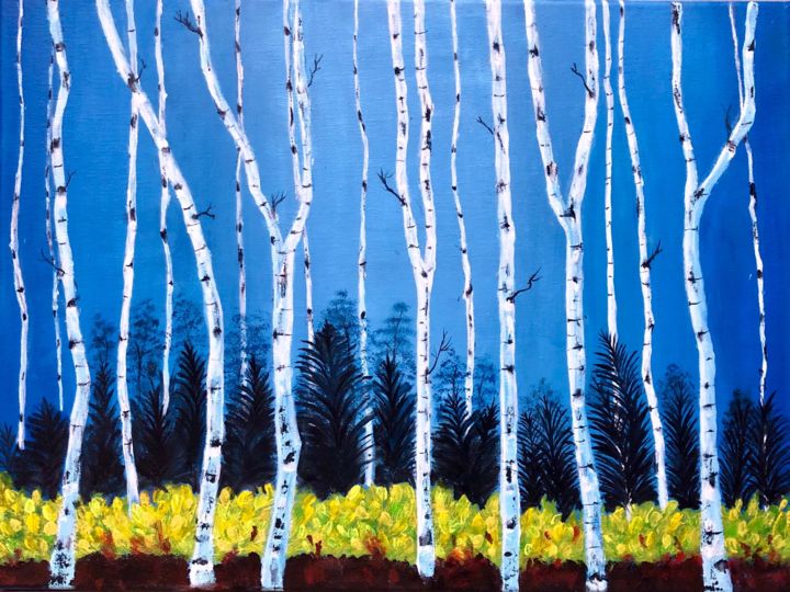 Painting titled "Birch Trees in fall" by Sruthi Potru, Original Artwork, Acrylic