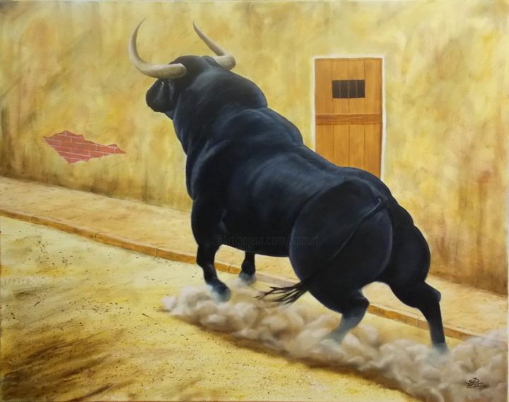 제목이 "El Toro Huile sur T…"인 미술작품 Saïd Serge Berkane로, 원작, 기름 나무 들것 프레임에 장착됨