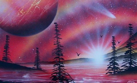 Painting titled "Fire in the sky" by Spraycanman, Original Artwork, Oil