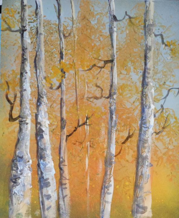 Painting titled "Birches" by Alisa Amor, Original Artwork, Acrylic