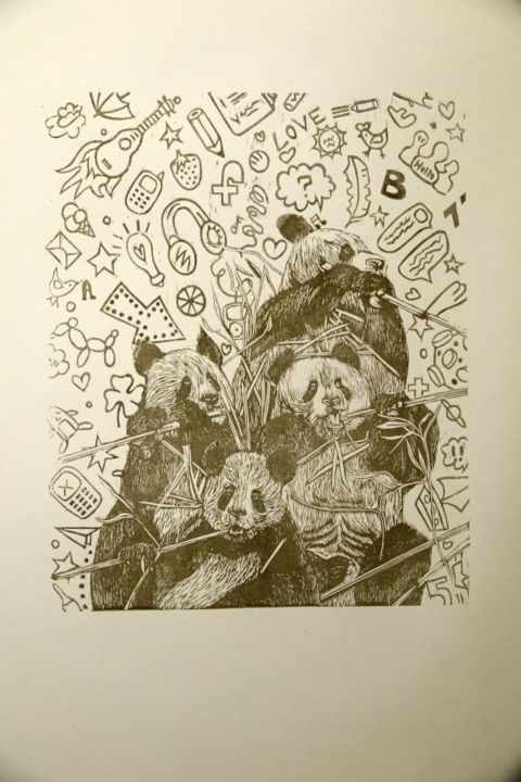Printmaking titled "Suonatori di Bamboo…" by Sabrina Spreafico, Original Artwork, Xylography