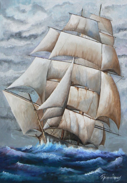 Schilderij getiteld "Στα κύματα" door Spyros Karathanos, Origineel Kunstwerk, Olie