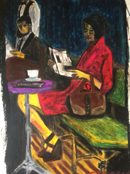 Pintura intitulada "At the cafe" por Spyros Gerekos, Obras de arte originais, Pastel