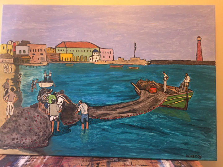 Pittura intitolato "Fishermen" da Spyros Gerekos, Opera d'arte originale, Acrilico