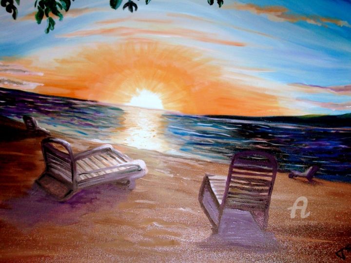 Painting titled "Sunset in Maui" by Tatiana Sragar, Original Artwork, Oil Mounted on Wood Stretcher frame