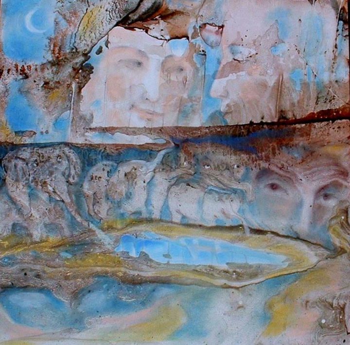 Painting titled "elephants lake" by Ruta Cepinskaite, Original Artwork