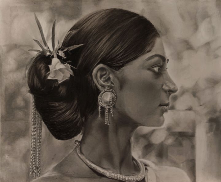 「The Santhal Woman」というタイトルの描画 Sriparna Ghoseによって, オリジナルのアートワーク, 鉛筆