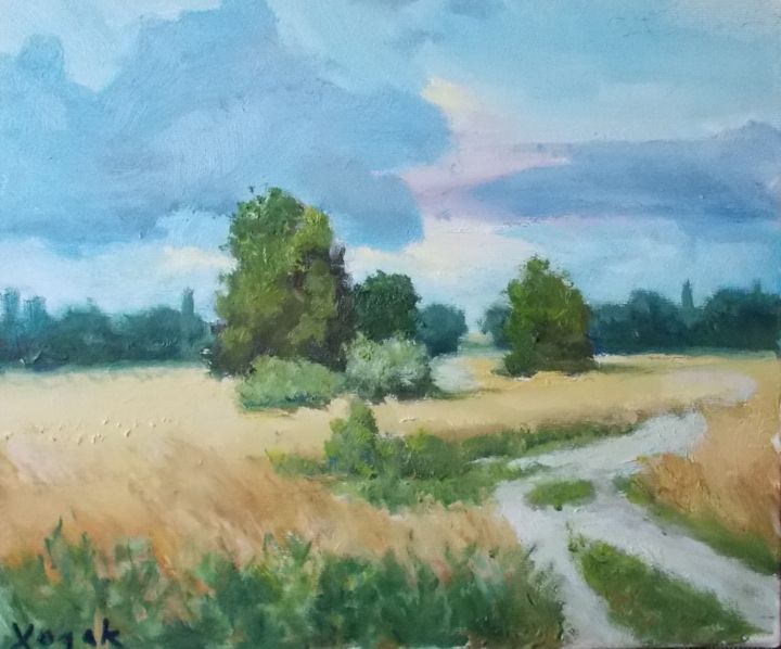 Malarstwo zatytułowany „Wheat field in Augu…” autorstwa Stanislav Khodak, Oryginalna praca, Olej