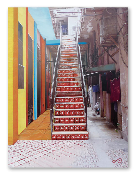 Painting titled "STAIRS - CUBA" by Staarts, Original Artwork, Acrylic Mounted on Aluminium