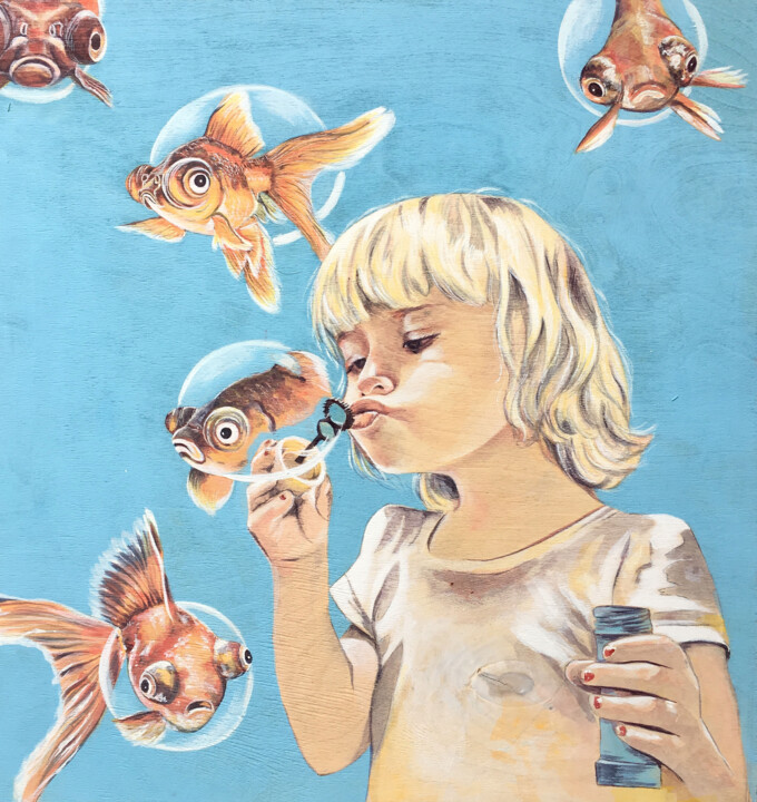 Peinture intitulée "Fish Bubles" par Stacy Shpak, Œuvre d'art originale, Acrylique Monté sur Panneau de bois