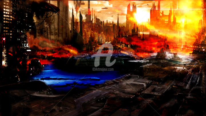 Digital Arts titled "City on fire" by Staffprod, Original Artwork, Digital Painting