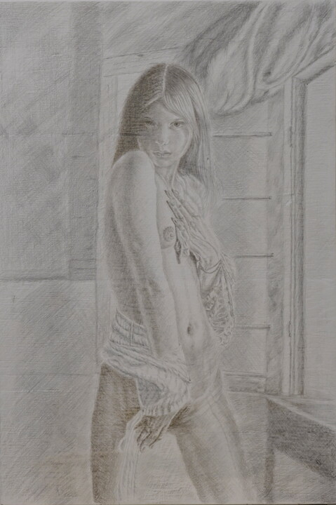 Drawing titled "Anna waiting me" by Stan Bert Singer, Original Artwork, Silverpoint