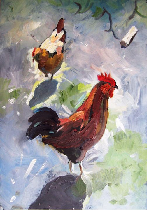 Peinture intitulée "Rooster and Hen" par Stan Bigda, Œuvre d'art originale, Huile