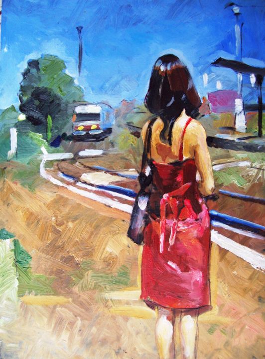 Peinture intitulée "Approaching train" par Stan Bigda, Œuvre d'art originale, Huile