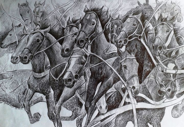 图画 标题为“Bolting Horses” 由Stan Bigda, 原创艺术品, 墨
