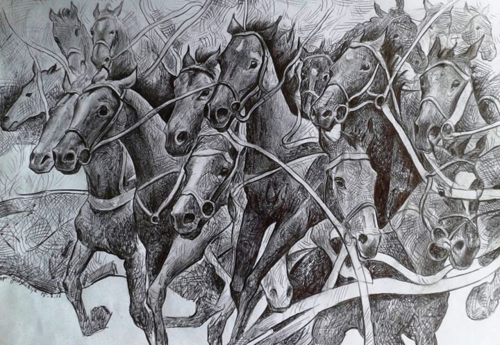 Drawing titled "Bolting Horses" by Stan Bigda, Original Art, Ink