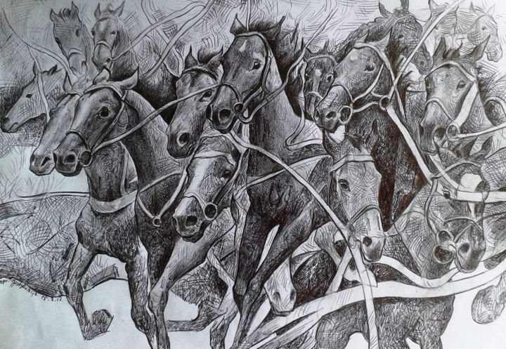 Tekening getiteld "Bolting Horses" door Stan Bigda, Origineel Kunstwerk, Inkt