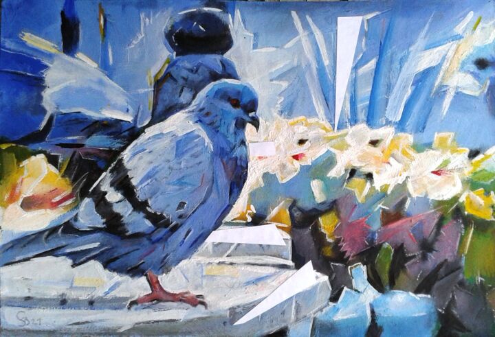 Painting titled "Pensive Pigeon" by Stan Bigda, Original Artwork, Acrylic